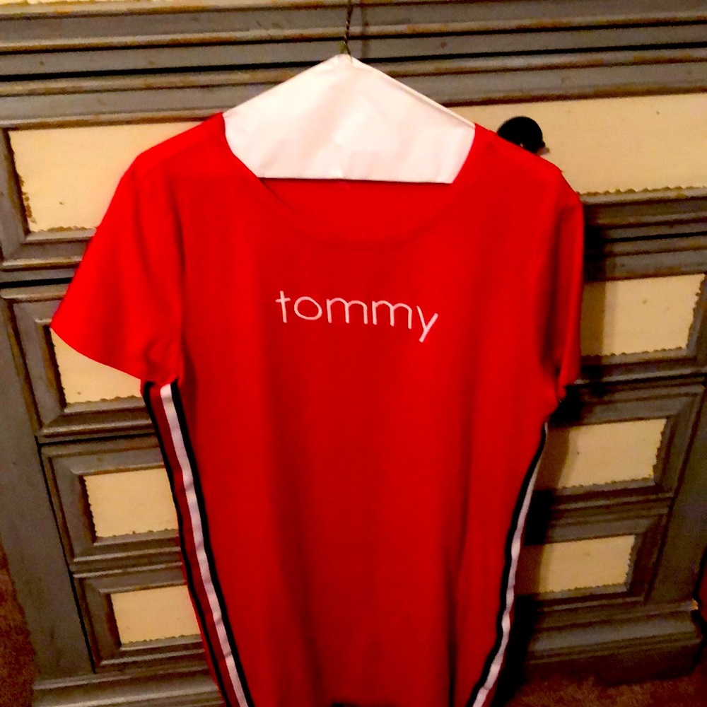 Tommy red cotton dress. Blue & white strips on side
